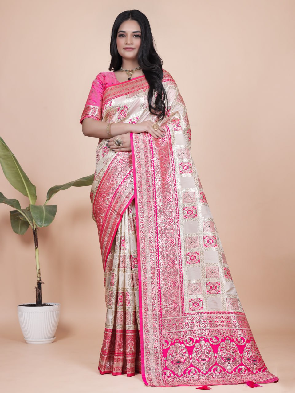 Banarasi silk saree with silver zari weaving