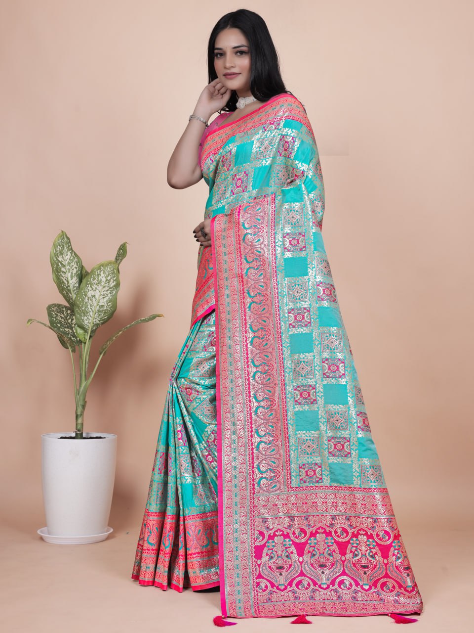 Banarasi silk saree with silver zari weaving