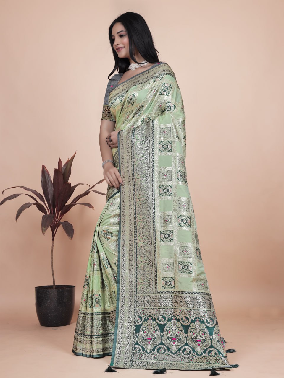 Banarasi silk saree with silver zari weaving