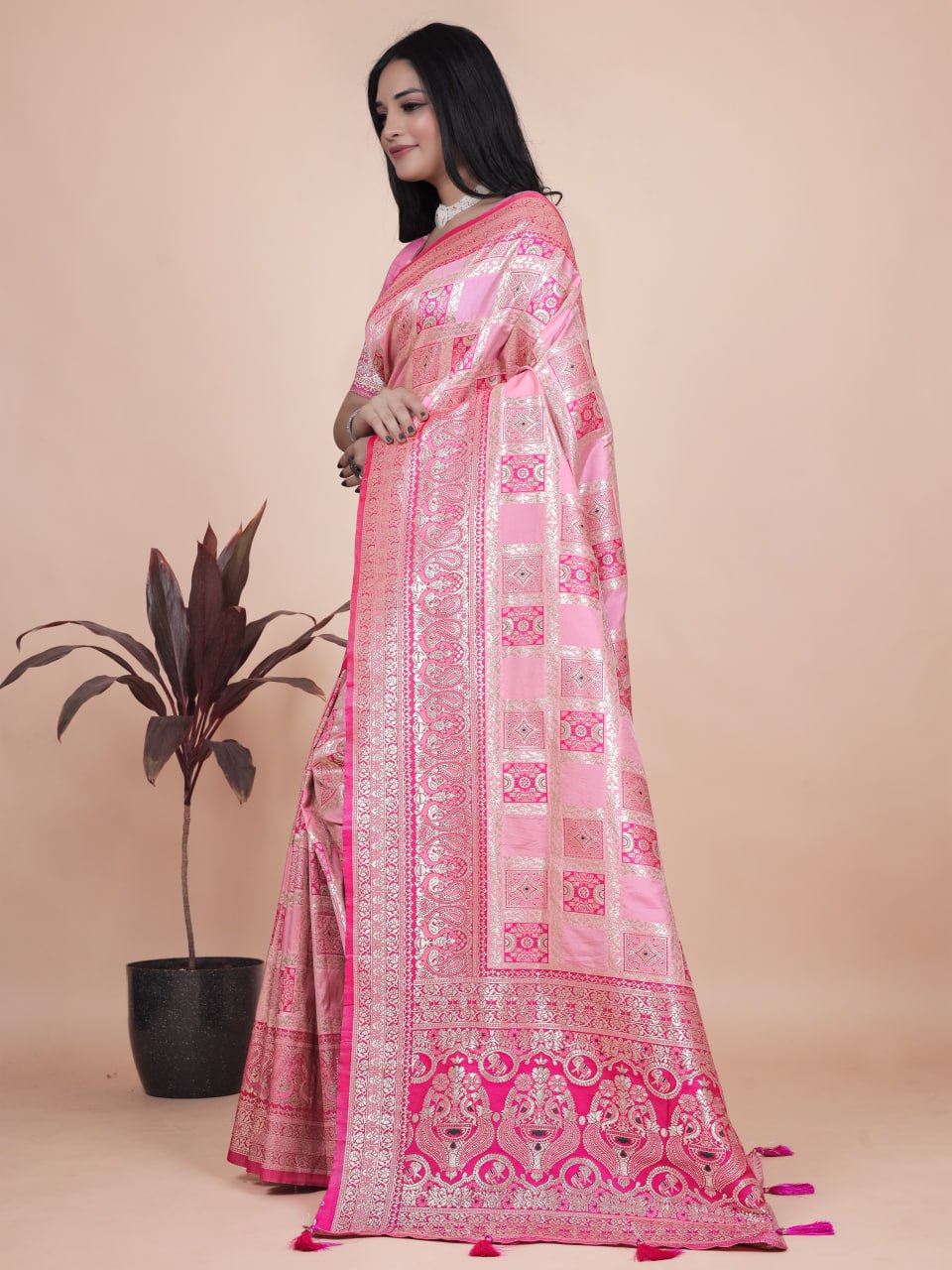 Banarasi silk saree with silver zari weaving
